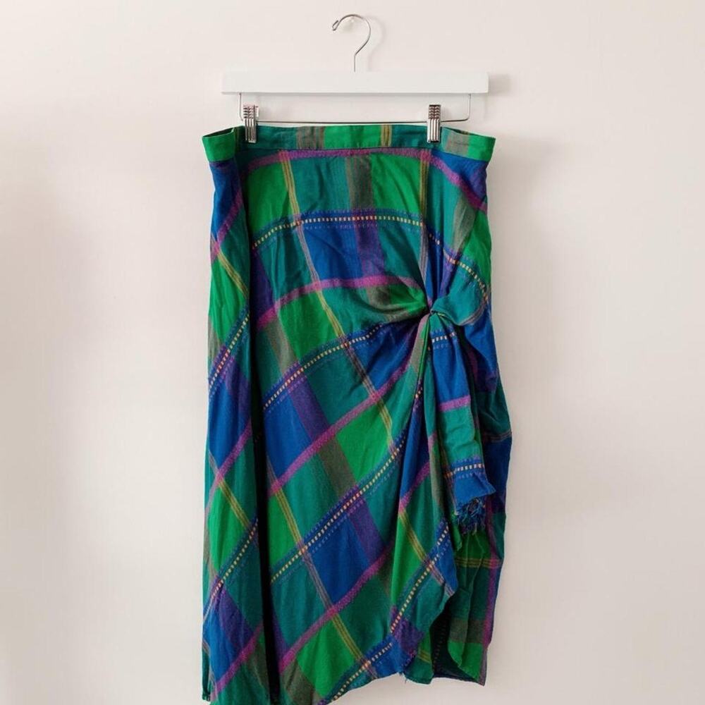 Vintage Green, Blue & Purple Plaid Fringe Wrap Skirt Size 30
